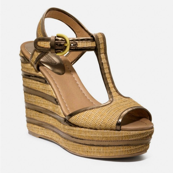 Coach Geneva Stripe Wedge Platform Open Toe Leather & Straw Sandal Size 8B - Picture 1 of 8